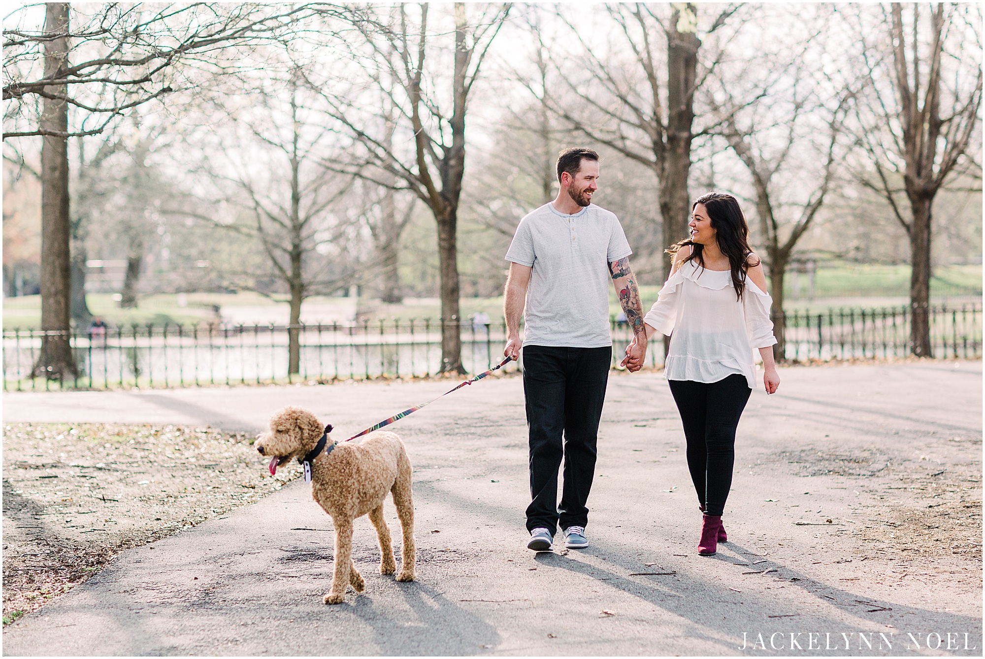 Alison and Tony's engagement session at St. Louis Lafayette Park with their Labradoodle, Larry!