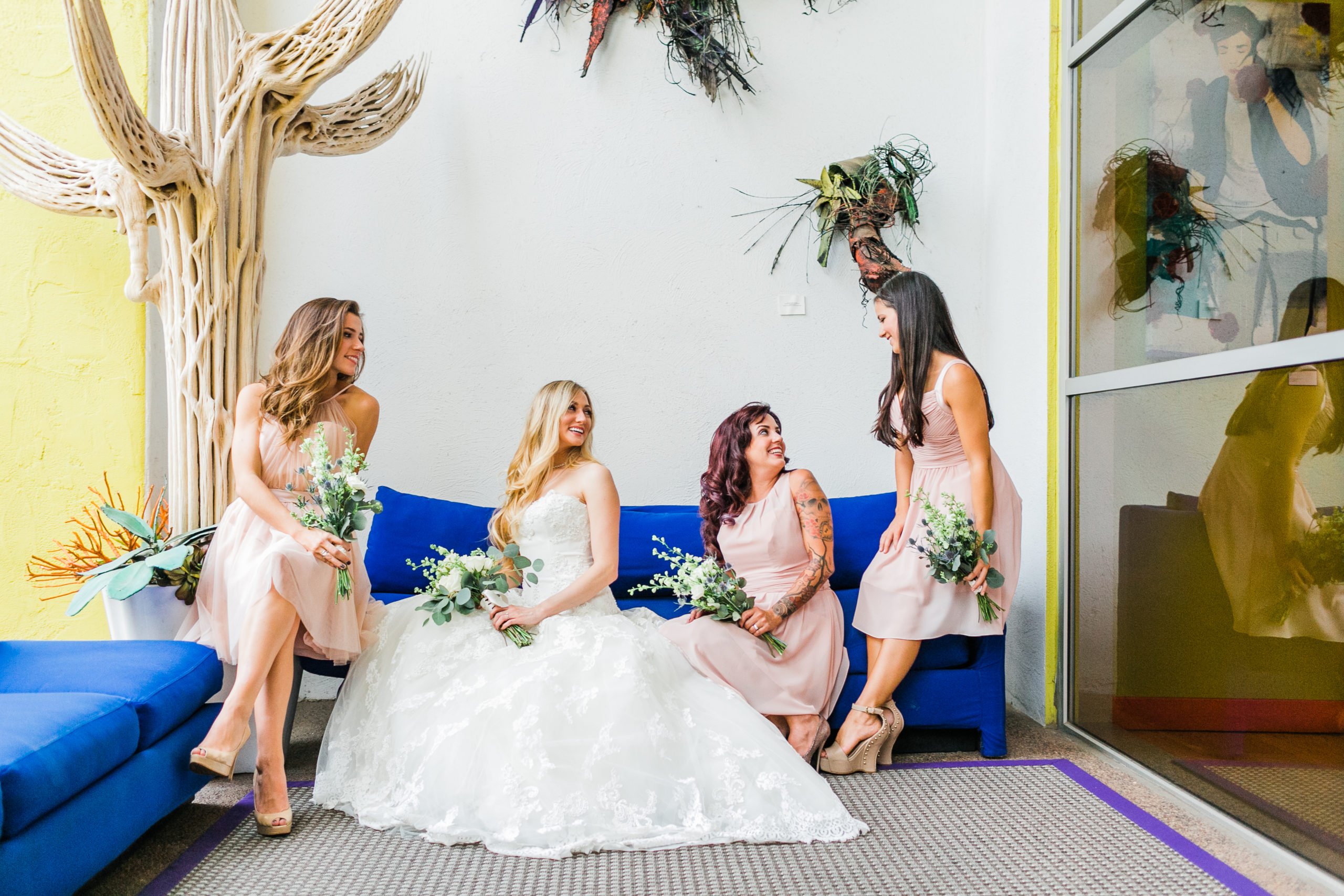 Bridal party styled session with pale pink bridesmaid dresses